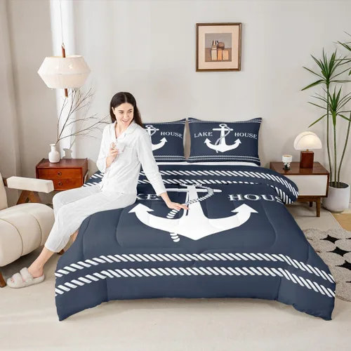 Vista 3 de Juego de edredón Lake Home Camper tamaño King, juego de ropa de cama náutica con ancla para niños, niñas, niños, adultos, decoración de dormitorio