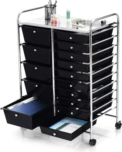 Vista 15 de DREAMADE Carrito de almacenamiento con ruedas de 15 cajones, carrito de manualidades móvil con ruedas con cerradura, cajones de plástico extraíbles