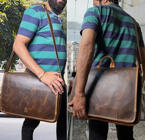 Vista 2 de Bolso de mensajero de cuero para hombre, 14 pulgadas, bolso de cuero para laptop, bolso cruzado vintage para oficina, bolso de hombro de viaje