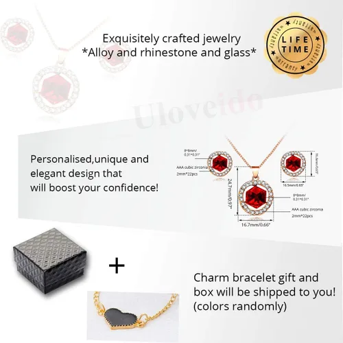 Vista 6 de Uloveido Juego de collar y pendientes de tuerca chapados en oro rosa para mujer, diseño de cubo cuadrado y cristal para boda, fiesta, joyería