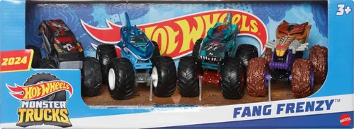 Vista 6 de Hot Wheels Monster Trucks - Juego de 4 juguetes, paquete de 4 vehículos Fang Frenzy a escala 1:64, ruedas gigantes, personajes favoritos