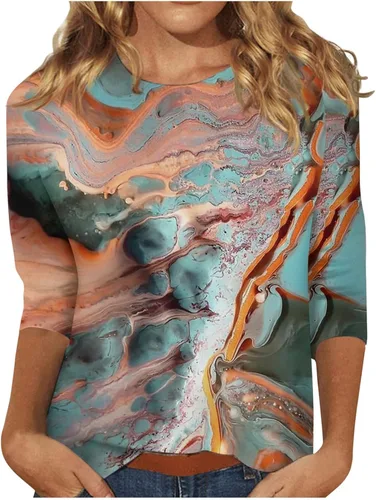 Vista 42 de Camisetas personalizadas para mujer, a la moda, casual, de séptima manga, estampada, cuello redondo, camiseta