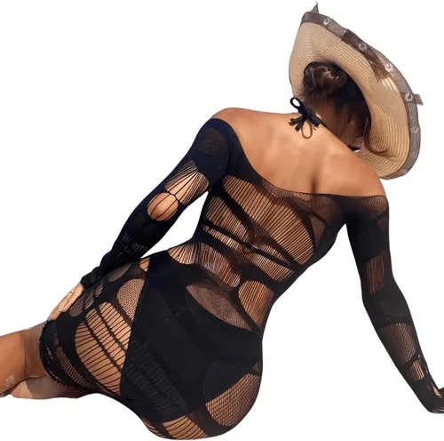Vista 2 de SHENHE Vestido de manga larga con hombros descubiertos y malla transparente para mujer