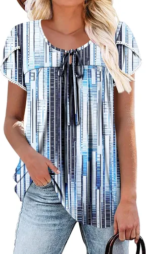 Vista 40 de BETTE BOUTIK Blusas de verano para mujer, plisadas, de manga corta, con cordón, cuello redondo, tallas S-3XL