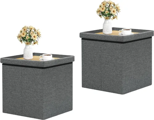 Vista 9 de B FSOBEIIALEO - Reposapiés otomano plegable de lino con espacio de almacenamiento, también utilizable como mesa de café