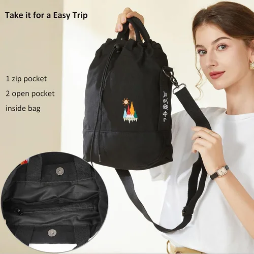 Vista 7 de Bolso bandolero de lona para mujer, estilo informal, con bordado de sol