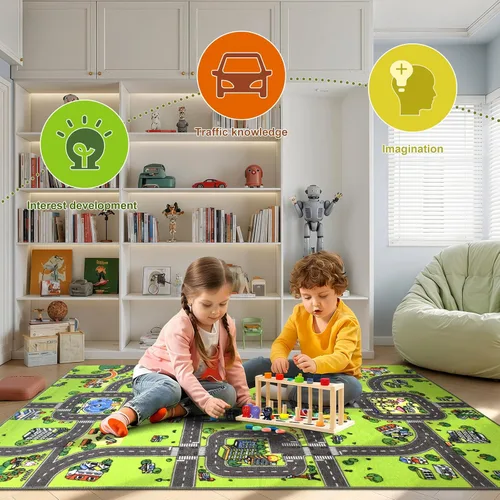 Vista 6 de Terrug Alfombra infantil para sala de juegos, antideslizante, lavable, mapa educativo de la ciudad para el aula, alfombra