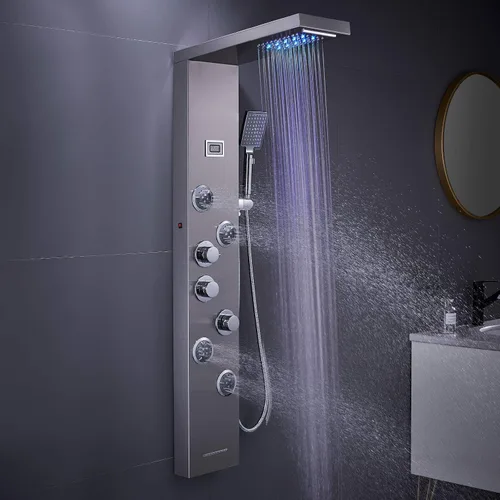 Vista 12 de Sistema de torre de paneles de ducha LED, sistema de panel de ducha de baño de acero inoxidable SUS304 con 4 chorros de cuerpo, lluvia, cascada