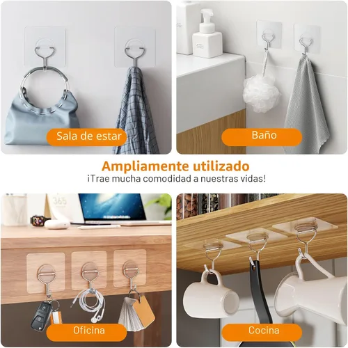 Vista 3 de Ganchos de Pared Adhesivos para Colgar de Servicio Pesado 33lb(Máx), Impermeables y Resistentes al Óxido Ganchos Autoadhesivos Transparentes