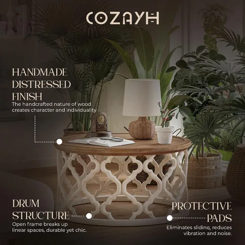 Vista 4 de COZAYH Mesa de centro redonda de granja, bandeja de madera envejecida con base curvada, mesa rústica bohemia para sala de estar, color blanco