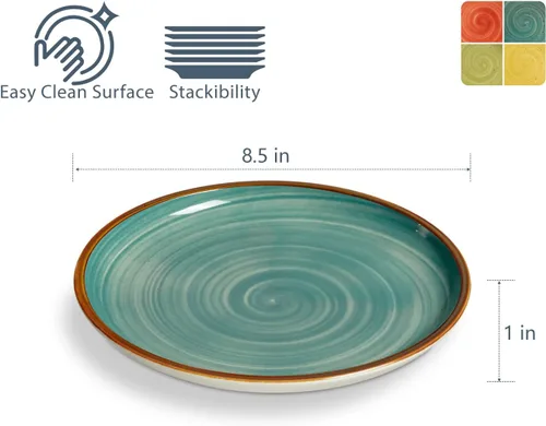 Vista 5 de Platos de cena de porcelana ONEMORE de 8.5 pulgadas, platos de postre y ensalada de cerámica con salpicaduras, juego de 4 platos para servir, aptos