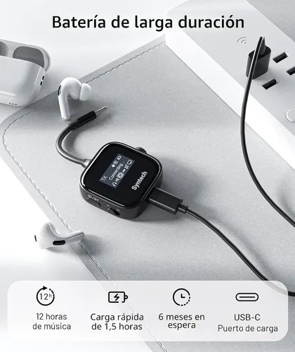 Vista 7 de Syntech Transmisor Bluetooth de avión 5.4 para 2 auriculares, pantalla HD Negro