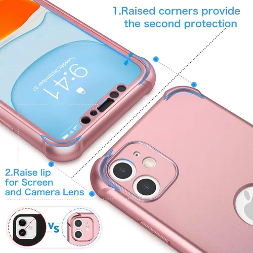 Vista 3 de ORETECH - Funda 3 en 1 para iPhone 11 con 2 protectores de pantalla, color oro rosa Full Body Shockproof Design Smooth Texture,15FT Military