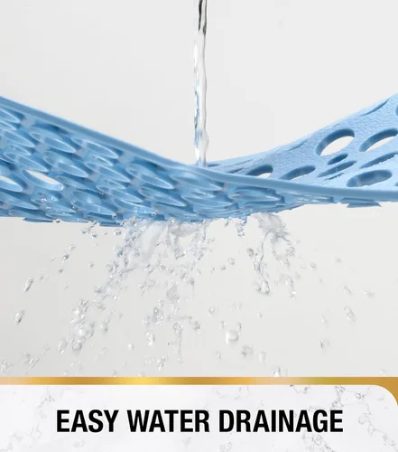 Vista 4 de HITSLAM Tapete antideslizante de elastómero termoplástico suave para bañera, drenaje eficiente con ventosas, fácil de limpiar, 28 x 15 pulgadas, Azul