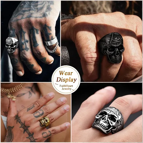 Vista 7 de FaithHeart All Seeing Eye Rings for Men, Stainless Steel Punk Gothic Statement Rings Eye of Providence Protection Thumb Ring Mens Amulet Jewelry