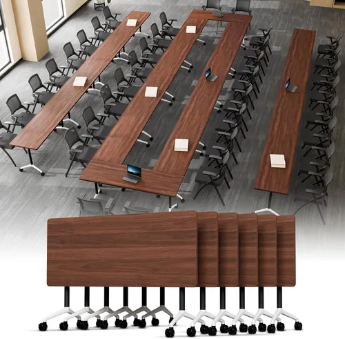 Vista 22 de Mesa de conferencias plegable, mesa modular moderna para sala de conferencias con ruedas para 8-16 personas, mesas de entrenamiento plegables