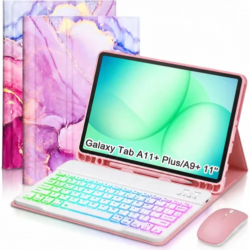 Vista 12 de Funda de teclado para tableta Samsung Galaxy Tab A11 Plus de 11 pulgadas 2025 / A9+ Plus 2023, teclado y mouse inalámbricos con retroiluminación