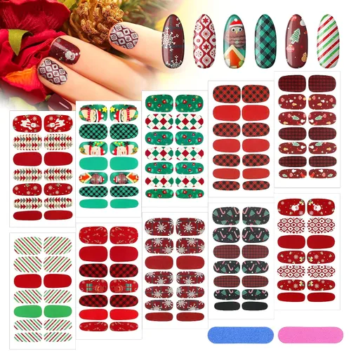 Vista 10 de 140 piezas, 10 hojas de calcomanías de uñas de envoltura completa, tiras de esmalte con degradado, calcomanías autoadhesivas con purpurina, tiras