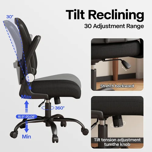 Vista 6 de Silla de oficina, silla de escritorio ergonómica con soporte lumbar ajustable, brazos abatibles, cómoda silla giratoria de malla para computadora