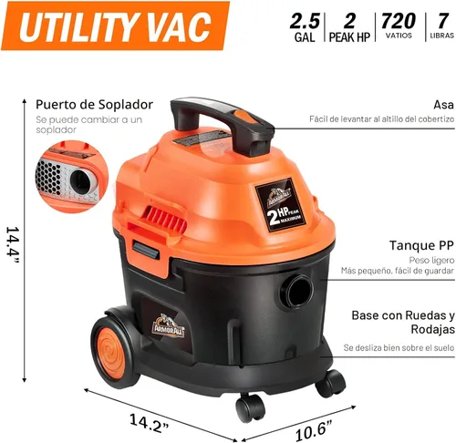 Vista 3 de Armor All AA255W Aspiradora utilitaria húmeda/seca de 2.5 galones, 2.5 galones, 120 voltios (CA), naranja/negro