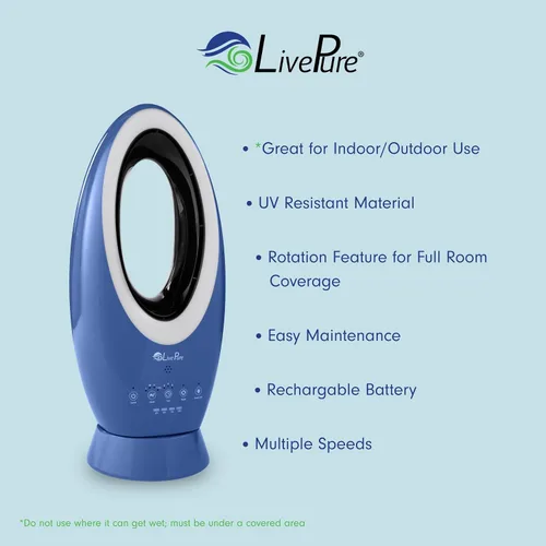Vista 7 de LivePure Ventilador recargable para interiores y exteriores, verde azulado