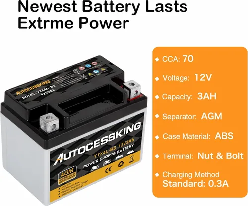 Vista 3 de Autocessking YTX4L-BS - Batería de motocicleta de 12V 3Ah recargable, libre de mantenimiento, sellada AGM, batería de reemplazo para Powersport, ATV