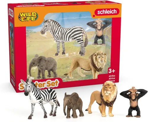 Vista 3 de Schleich Wild Life - Juego de 4 figuras de animales de safari con cebra, mono, elefante y león - Figuras realistas de animales africanos para niños
