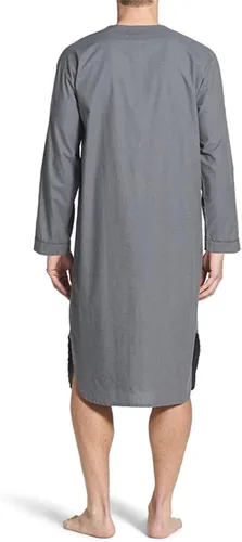 Vista 3 de Camisón de algodón para hombre, cuello en V, manga larga, con botones, camisón de verano, de longitud media, Henley, ropa de dormir