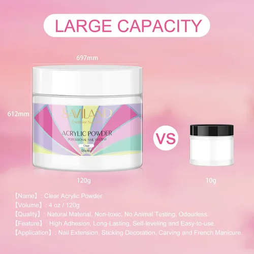 Vista 2 de SAVILAND Polvo acrílico transparente para uñas superduras – 4.23 oz/120 g de polvo acrílico profesional para uñas, gran capacidad para arte de uñas