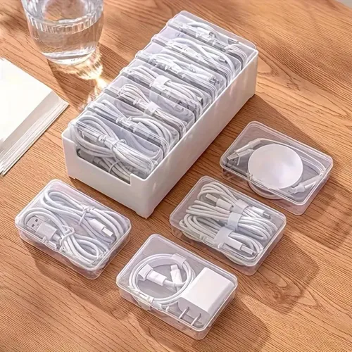 Vista 6 de Caja de almacenamiento organizadora de cables con 7 bridas de cables, caja de gestión de cables de escritorio con interruptor, organizador de cables