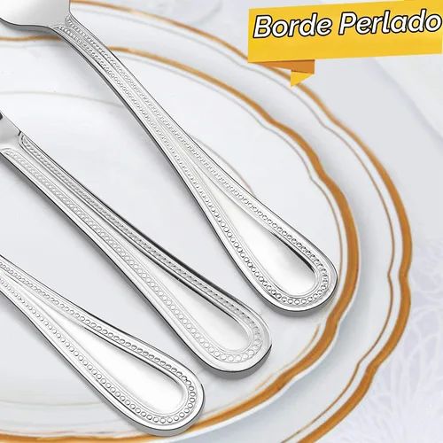 Vista 4 de Juego de cubiertos de 20 piezas, HaWare cubiertos de acero inoxidable servicio para 4, vajilla con borde perlado incluye cuchillo/tenedor/cuchara