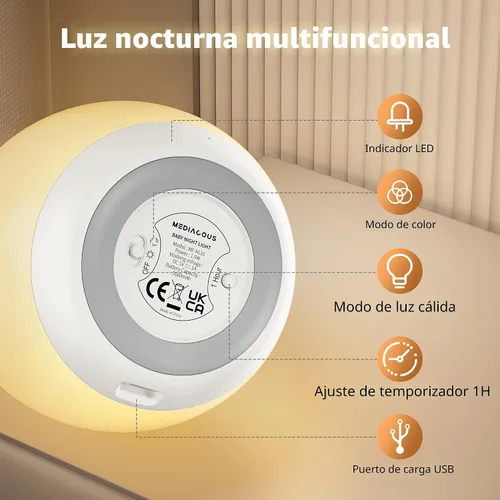 Vista 7 de MediAcous Luz nocturna para niños, Luz de Huevo para Bebé para guardería, 7 colores cambiantes y atenuación continua, lámpara nocturna táctil