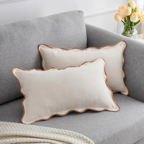 Vista 9 de Juego de 2 fundas de almohada festoneadas de 18 x 18 pulgadas, algodón y lino, estilo bohemio decorativo para sala de estar