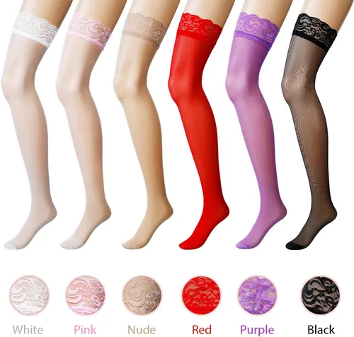 Vista 6 de Boao 6 pares de medias altas hasta el muslo para mujer, de silicona, con encaje, multicolores, Multicolorido