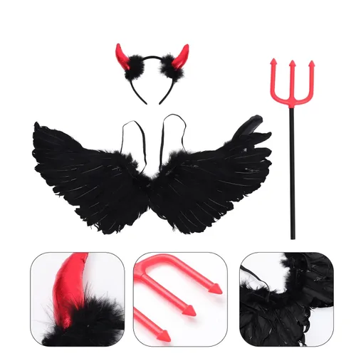 Vista 7 de OSALADI Conjunto de disfraz de diablo de Halloween, diadema de cuerno de diablo, tridente negro, disfraz de demonio de diablo, accesorio