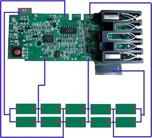Vista 2 de Placa de circuito de protección (PCB) para baterías Milwaukee M18 de 18 V - Módulo BMS de repuesto para modelos de 1.5Ah, 2.0Ah, 3.0Ah, 4.0Ah, 5.0Ah