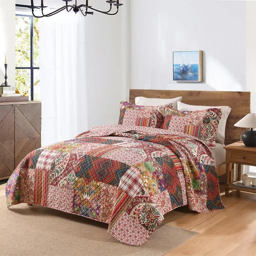 Vista 15 de VISIMISI - Juego de colcha de algodón, juego de cubrecama reversible de retazos, 3 piezas, diseño vintage floral de mosaico azul, tamaño queen