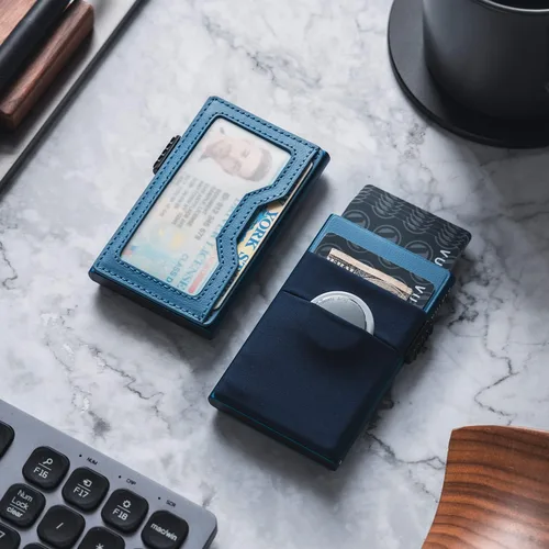 Vista 12 de VULKIT Billetera minimalista con ventana de identificación y bolsillo EDC con bolsillo desplegable para tarjetas de crédito y bloqueo RFID, diseño