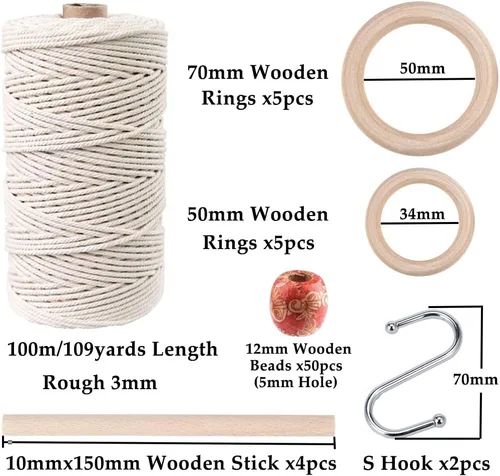 Vista 2 de Kits de macramé de 119 piezas para principiantes de 0.118 in x 109 yardas, cuerda de macramé de algodón natural con 100 cuentas de madera, 10