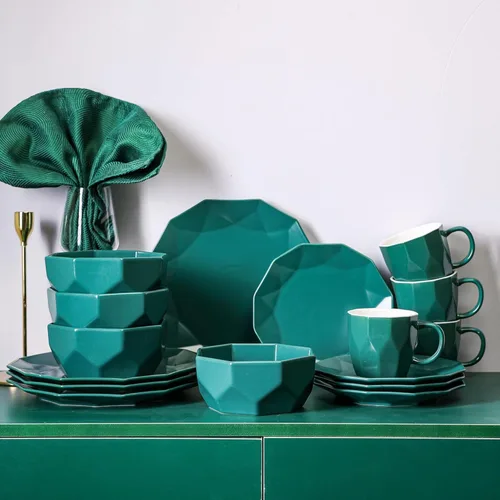 Vista 2 de Stone + Lain Jamie - Juego de vajilla geométrica de porcelana de 16 piezas, color verde Amarillo