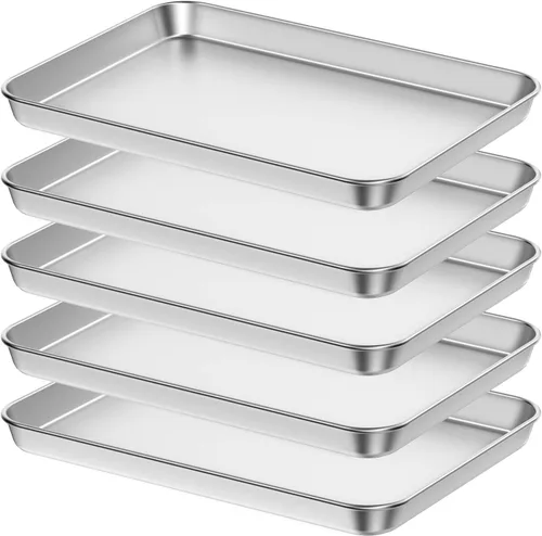 Vista 10 de 5 bandejas para hornear, bandeja para hornear de acero inoxidable, tamaño rectangular, 9 x 7 x 1 pulgada, saludables y no tóxicas, libres de óxido