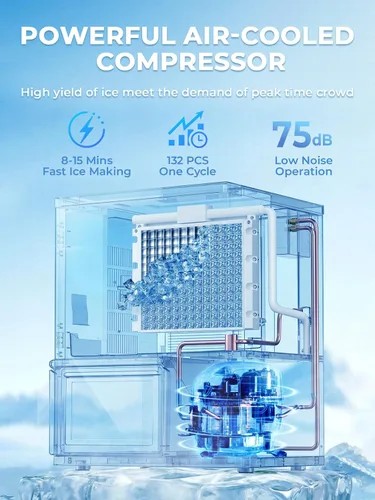 Vista 3 de Máquina comercial para hacer hielo 380LBS/24H, contenedor de almacenamiento de acero inoxidable de 250 libras, 132 cubitos de hielo en 8-15 minutos
