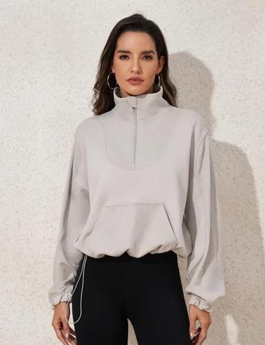 Vista 4 de PrettyGuide Sudadera corta con media cremallera para mujer, cuello alto, acanalada, con bolsillo