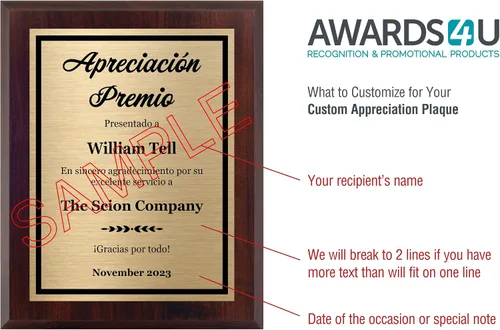 Vista 3 de Placa de premio español Apreciación 8 x 10 – Premio personalizado, personaliza ahora