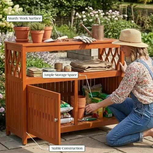 Vista 12 de DTY Outdoor Living Longs Peak Mesa Aparador de Madera de Eucalipto, Gabinete Buffet Exterior con Almacenamiento, Acabado de Aceite Natural