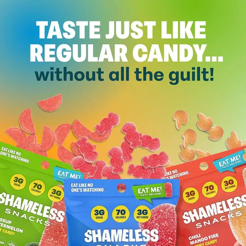 Vista 2 de Shameless Snacks - Gomitas keto bajas en carbohidratos sin gluten - Frambuesa roja, sandía, chile y mango