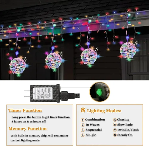 Vista 3 de Luces de Bolas de Navidad para Exteriores, Luces de Árbol Impermeables, Paquete de 4 Luces LED Colgantes de Globo Esfera de 7.87" con 8 Modos