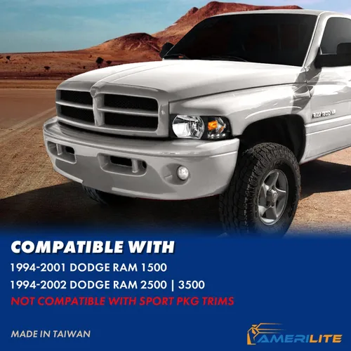 Vista 5 de AmeriLite Juego de 1 faro delantero de repuesto negro con lámpara de estacionamiento LED de esquina para Dodge Ram 1500 2500 3500 1994-2001, lado