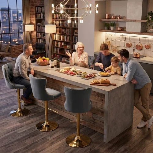 Vista 223 de SoarFlash Juego de 2 taburetes de bar tapizados de terciopelo moderno con patas de madera, botones acolchados, cabeza de clavo cromada, asiento