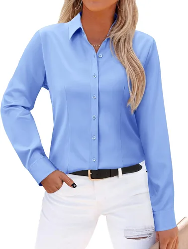 Vista 20 de Gleeivy - Camisas abotonadas para mujer, sin arrugas, de manga larga, camisas de vestir casuales con cuello V, ajustadas, de un solo